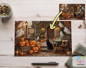 Halloween Jigsaw Puzzle, Spooky Ghosts and Pumpkins, Black Cat Autumn Scene