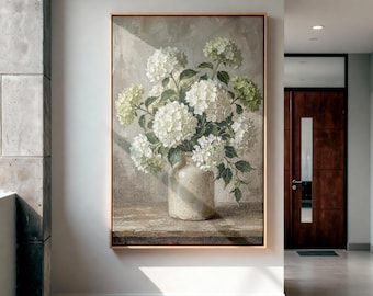 White Hydrangea Canvas Wall Art, Botanical Poster, Farmhouse Decor, Floral Cottagecore Oil Painting