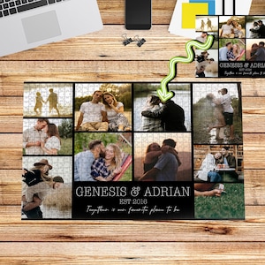 May include: A black puzzle featuring multiple photos of a couple, with the names "GENESIS & ADRIAN" and the year "EST 2016" printed on it. The phrase "Together is our favorite place to be" is also included.