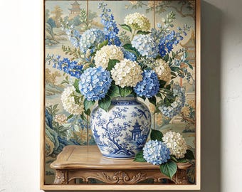Blue White Hydrangea Canvas Wall Art, Chinoiserie Vase Floral Painting, Grandmillennial Botanical Decor