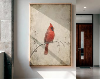 Red Cardinal Bird Canvas Wall Art, Mothers Day Gift, Modern Farmhouse Home Decor, Neutral Beige Minimalist Bird Painting