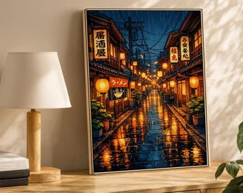 Tokyo Tea House Cartoon Japanese Canvas, Japanese Street Scene Print, Night Rain Reflection Wall Art