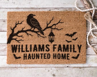 Custom Family Name Haunted Home Coir Doormat, Halloween Welcome Front Door Decor, Crow Spooky Gothic Mat