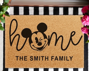 Custom Disney Home Family Name Coir Doormat, Mickey Mouse Front Porch Rug, Disney Lovers Welcome Mat, Housewarming Gift