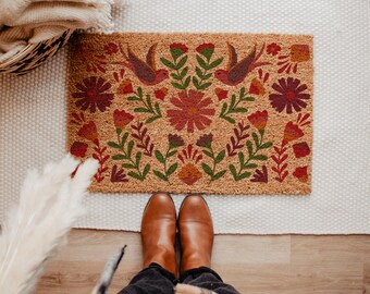 Flower Bird Welcome Coir Doormat, Colorful Floral Welcome, Housewarming Gift, Entryway Mat