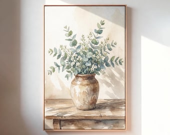 Eucalyptus Canvas Wall Art, Watercolor Botanical Vase Painting, Sage Green Farmhouse Floral Decor