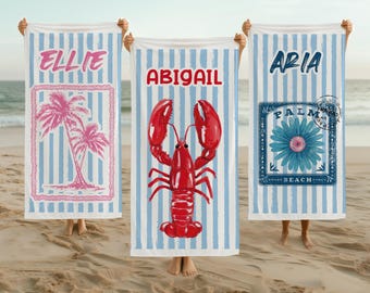 Custom Name Striped Tropical Crab Palm Beach Towel, Mothers Day Gift, Birthday Kids Pool Party, Bachelorette Trip Gift