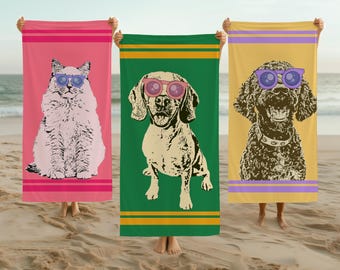 Personalized Pet Photo Beach Towel, Custom Pet Color Pop Art Pool Towel, Dog Cat Picture Birthday Gift, Motfers Day Gifts, Memorial Gift