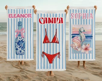Personalized Name Striped Bachelorette Beach Towel, Bridesmaids Towel, Summer Girls Trip Gift, Coquette Flower Sea Horse Birthday Pool Party