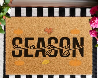 Cozy Season Coir Doormat, Hello Fall Front Porch Decor, Pumpkin Welcome Mat, Halloween Housewarming Gift