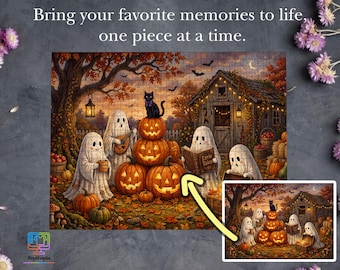 Cozy Halloween Ghost Pumpkins Jigsaw Puzzle, Autumn Farmhouse Black Cat, Spooky Fall Gift
