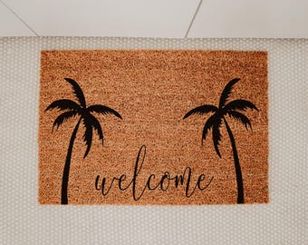 Palm Tree Welcome Coir Doormat, Tropical Housewarming Mat, Wedding Gift New Home