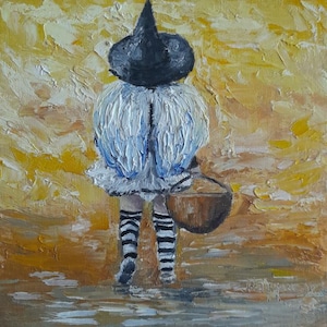 Piccolo angelo - strega un cesto dipinto a olio originale decorazione da parete regali