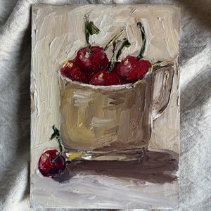 Original cherry painting, cherry wall art, kitchen decor, small painting, fruit wall art, Impasto Semi Abstract  , still life cherry 5x7