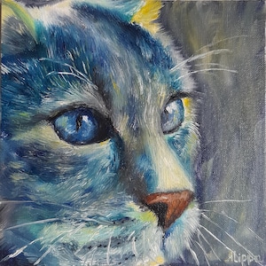Pintura a óleo de retrato de gato, doce gato, animal de estimação, painéis decorativos, arte original, presente, decoração de parede, 8 x 8 polegadas