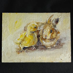 Pintura a óleo de coelho e pato - Um presente para entusiastas de decoração de fazenda, 100% original pintado à mão, pintura a óleo 5x7 polegadas