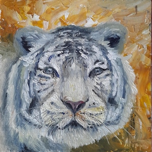 Dipinto ad olio bianco tigre su cartone telato Animali selvatici Arte murale originale Ritratto di tigre Regali