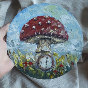 Decoração mural Whimsical Wonderland - Dipinto a mano Amanita Muscaria originale "Alice nel paese delle meraviglie" Fungo rosso Impasto