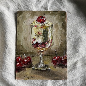 Dessert Cherry   Painting Kitchen Wall Art  Impasto Semi Abstract Artwork Food Oil Painting Still Life  7x5 inc