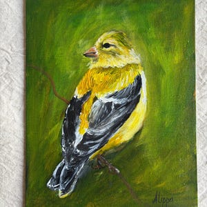 Dipintooriginale Uccello giallo Decorazione murole in acrilico fatta a mano, regalo per le オペラ・ダルテ・イン・ミニアチュラ