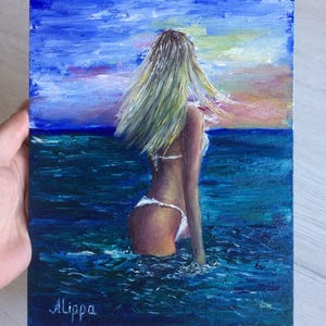 Chica pintando en el mar Pintura al óleo Mundo submarino Chica el océano Buceador Chica Paisaje marino Casa de playa Arte Pintura empastada