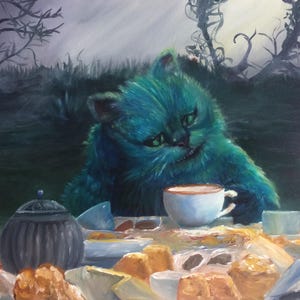 Scena affascinante di festa del tè: dipinto a olio di gatto Sheshire, 19x23 pollici