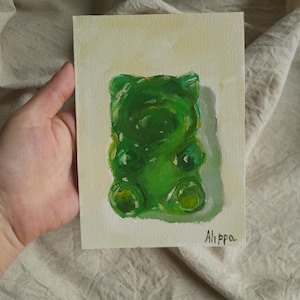 Dipinto a olio originale con orsetto gommoso stravagante - Decorazione murale divertente e dolce per bambini Dipinto a olio piccolo con orsetto gommoso colorato