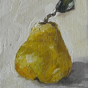 Pintura al óleo de pera, Arte de cocina pequeña, Naturaleza muerta de frutas, Decoración de comedor, Pintura empastada, Pintura al óleo de pera pequeña