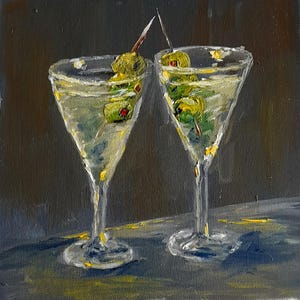 Due martini e olive Dipinti Cocktail Art Bar Cucina Decorazione Cucina Originale natura morta dipinto ad olio Realizzato su ordinazione