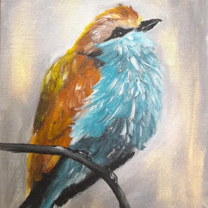 Pintura de pássaro azul em acrílico feita à mão - Ideia de presente para decoração de parede