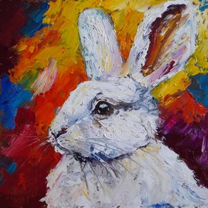 Conejo blanco / Pintura al óleo original de bellas artes / Pintura al óleo de animales / Arte moderno de 8 x 8 / Lindo regalo / Decoración acogedora para el hogar