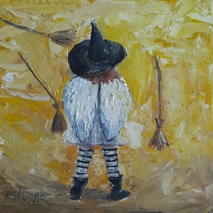 Dipinto a olio originale di una piccola strega angelo stravagante - Decorazione da parete per la stanza dei bambini