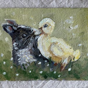 Pintura a óleo de coelho e pato fofos - Um presente para entusiastas de decoração de fazenda, 100% original pintado à mão, pintura a óleo 5x7 polegadas