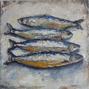 Pintura de Sardinha Impasto - Decoração de Parede Costeira - Arte de Peixe Feita à Mão - Ideia de Presente Única para Ele Pintura a Óleo Feita à Mão