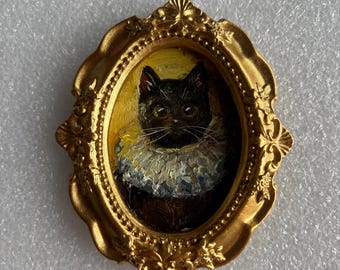 Pintura al óleo original de un gato negro, marco dorado ornamentado, decoración gótica en miniatura.