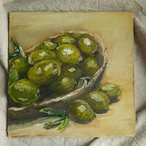 Pintura de azeitonas Natureza morta, arte a óleo original 8x8 decoração de parede quadrada decoração de parede de cozinha decoração de arte fina de azeitona decoração de parede de sala de jantar