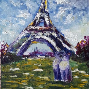 Paris Tour Effel avec deux jolis chats amoureux, peinture à l'huile originale, décoration murale, cadeaux faits main, France, cadeau de voyage pour couple