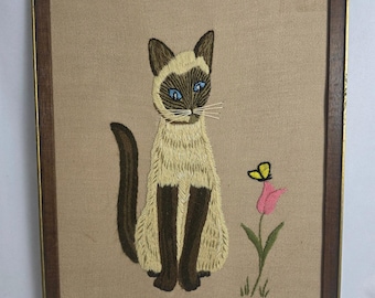 Vintage Crewel Embroidered Siamese Cat Flower Framed Textile Art