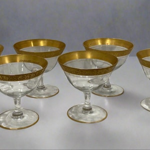 Vintage Tiffin Franciscan Minton Low gold etched rimmed stemmed champagne glasses