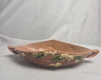 Cuenco consola con asa floral Snowberry de Roseville Pottery vintage