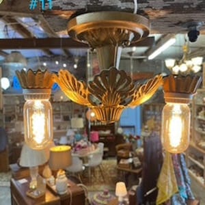 Vintage Semi-Flush Mount Cast Iron Art Deco Ceiling Light Fixture