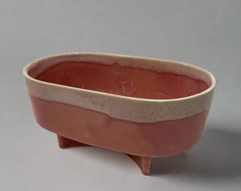 May include: A ceramic planter in a bathtub shape, with a pink body and a cream-colored rim. The planter has three small legs and a glossy finish. The interior is a darker shade of pink.