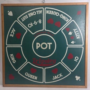 May include: A vintage Tripoley game board with a green background and a wooden frame. The board features white text and red heart suit symbols. The word "POT" is in the center, and the game's name is displayed below.