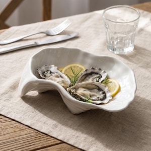 Shell Shape Ceramic Bowl | Irregular White Serving Bowl | Seafood Salad Bowl | Sculptural Fine Dining Tableware