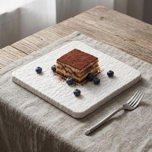 Op de afbeelding: Een vierkante witte, getextureerde serveerplaat bevat een stuk tiramisu, bestrooid met cacaopoeder en omringd door bosbessen. Een zilveren vork ligt op een linnen servet, op een houten tafel.