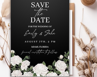 Black Floral Wedding Invitation – Elegant Dark Floral Template – Printable Wedding Invite – Editable Canva Download