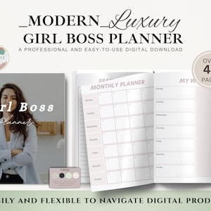 Puede incluir: Un planificador digital con el texto "Girl Boss Planner" y "Modern Luxury". El planificador está abierto a una vista de calendario mensual, con una mujer en una blazer en la portada. La imagen también incluye una paleta de colores y el texto "Más de 48 páginas."