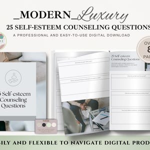 Puede incluir: Descarga digital titulada "25 Preguntas de asesoramiento sobre la autoestima". El diseño presenta una estética moderna y de lujo con una paleta de colores suaves. El producto incluye más de 8 páginas de preguntas.