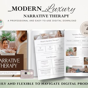 May include: A digital download titled "Narrative Therapy" with a modern design. The cover features a photo of a person, and the text includes "A Professional and Easy-to-Use Digital Download." The product includes over 4 pages and a color palette.