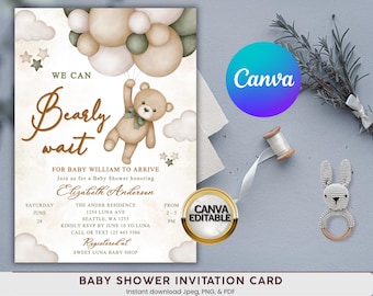 Brown Teddy Bear Invitation for Boys – Baby Shower or Birthday – Editable Template – Printable Download